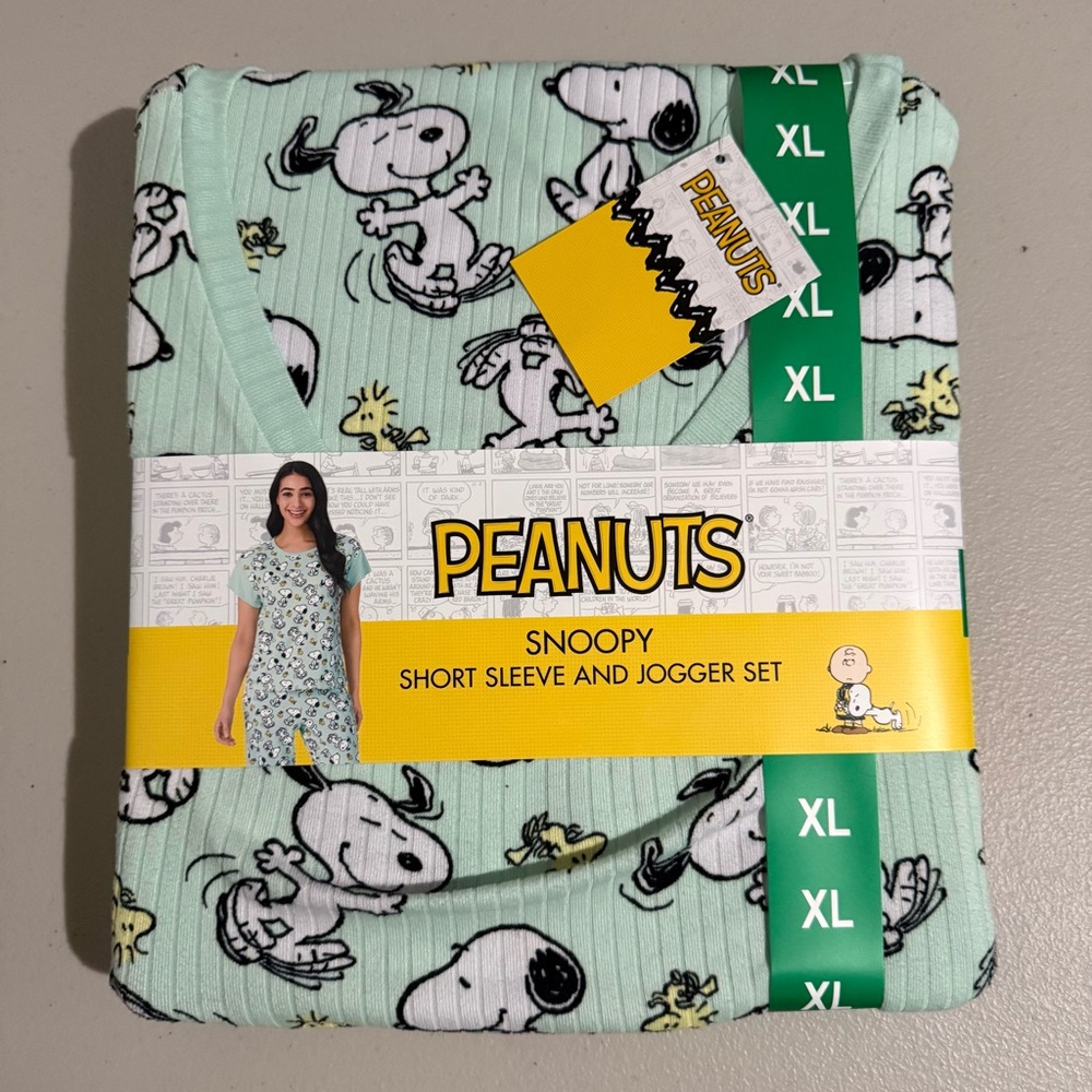Pajama Set Women PEANUTS Snoopy 2-Piece Short Sleeve Top & Jogger Set, Size XL